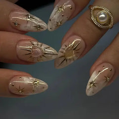 Golden Halo Celestial Almond Press-On Nails applied