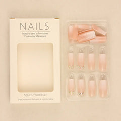 Blush Diamond Rhinestone Ombre Square Press-On Nails close-up