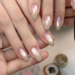 Aurora Veil Nude Cat-Eye Almond Press-On Nails close-up