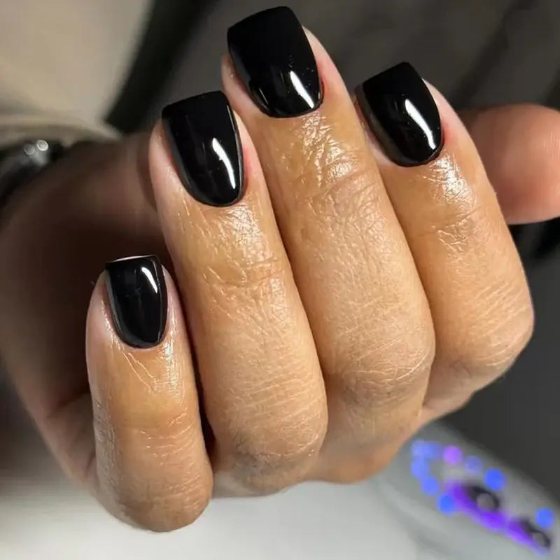 Noir Veil glossy jet black short square press-on nails