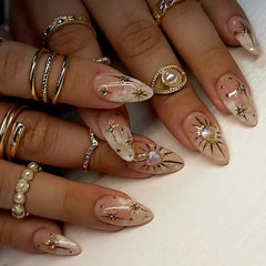 Golden Halo celestial sun star marble almond press-on nails
