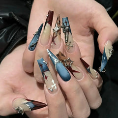 Midnight Saint Black Gothic Star Cross Coffin Stiletto Press-On Nails close-up