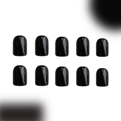 Noir Veil Glossy Black Short Square Press-On Nails applied