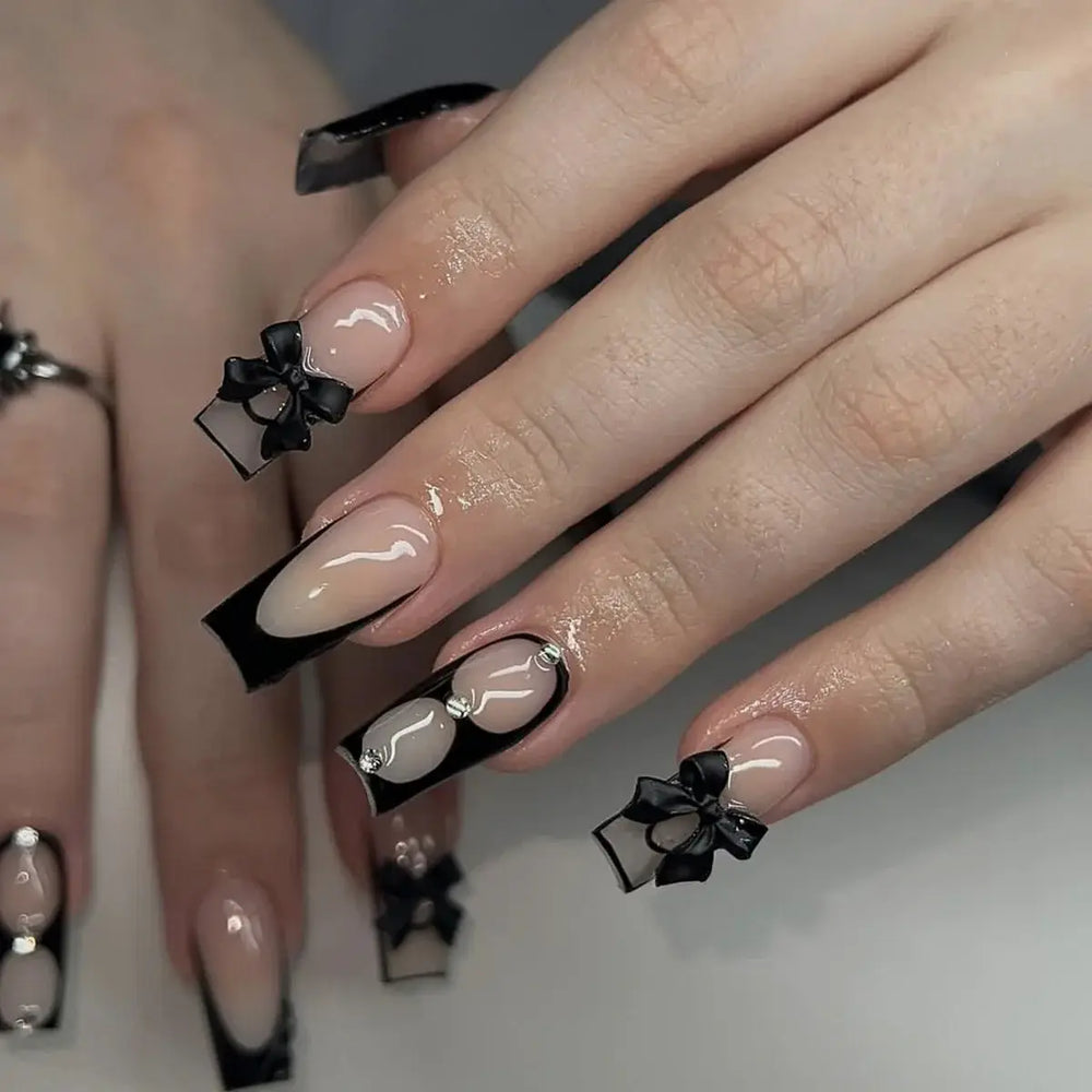 Midnight Bow square press-on nails