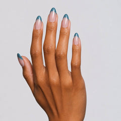 Halo Veil almond press-on nails with blue-gray cat-eye French tips and glossy nude base