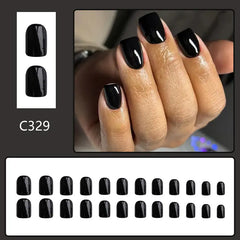 Noir Veil Glossy Black Short Square Press-On Nails on hand
