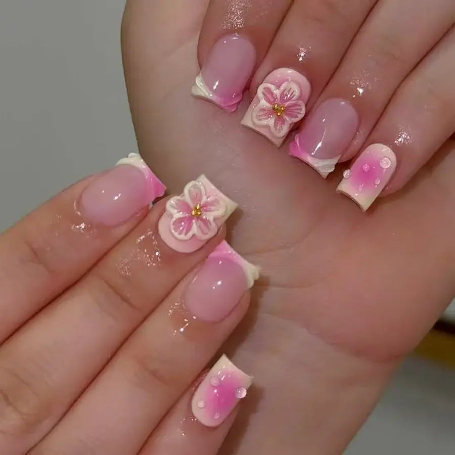 Blush Bloom French square press-on nails with blush ombre and 3D flowers