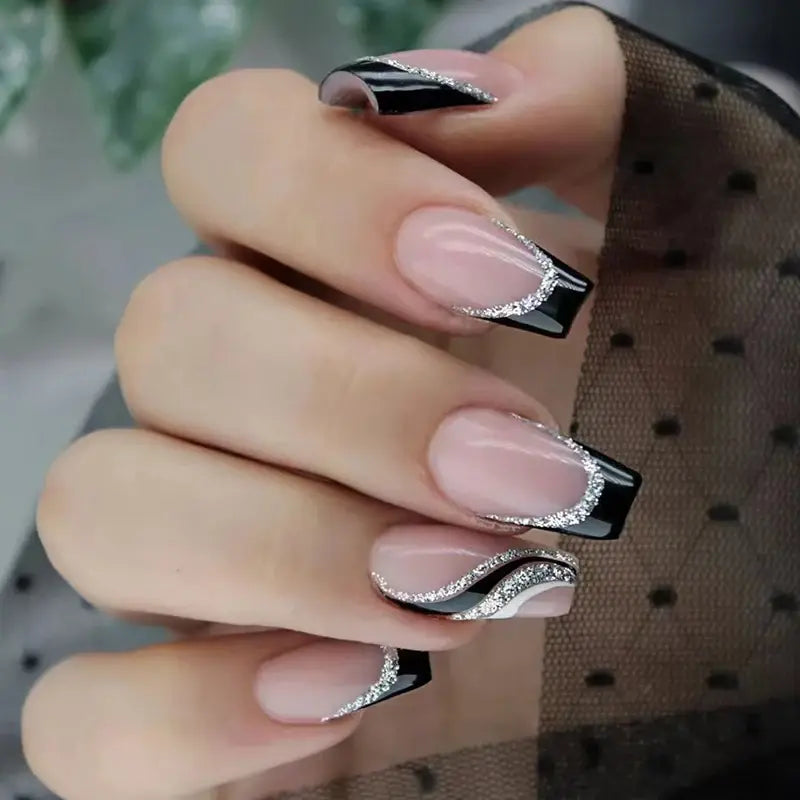Noir Spark black glitter French stripe short square press-on nails