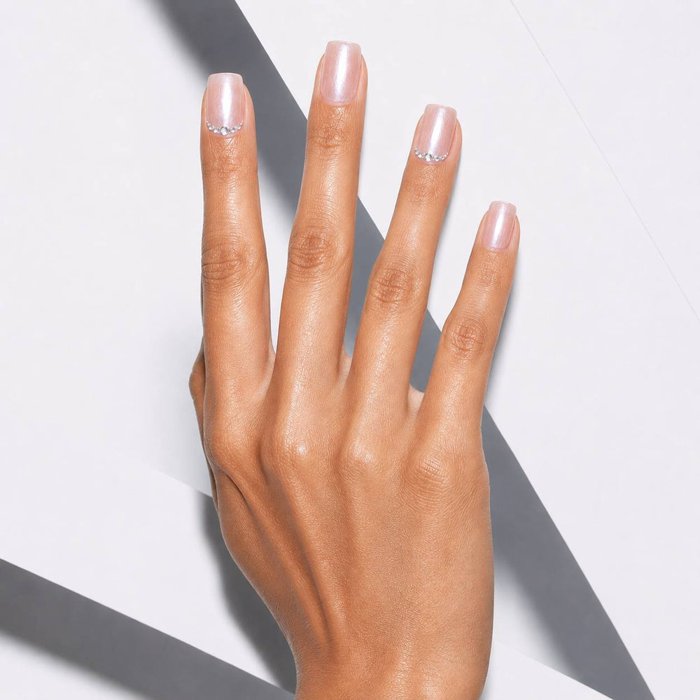 Bare Luxe pearl crystal glossy press-on nails in square and oval styles with luminous pearl pink finish