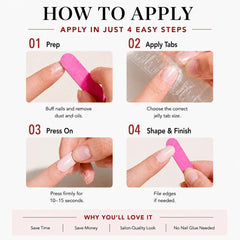Instructional graphic titled 'HOW TO APPLY' showing four numbered steps for applying a nail gel tab: Prep, Apply Tabs, Press On, and Shape & Finish. Each step includes a small photo of hands using a pink nail file and a clear nail sticker, with brief text instructions.