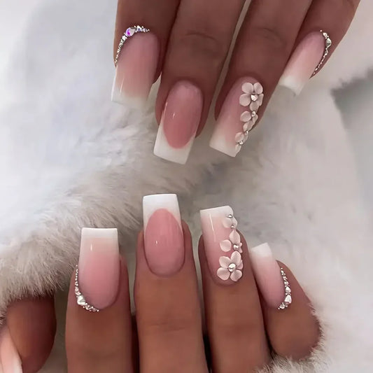 Floral French square nails elegant bridal press-on nail guide