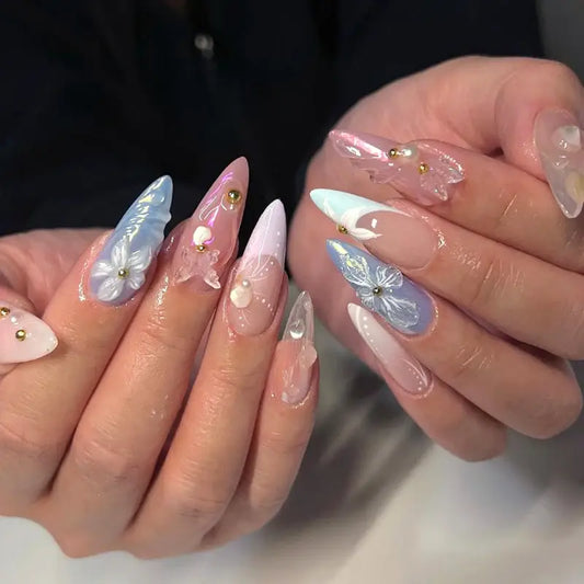 Pastel butterfly fairy nails 3D floral stiletto press-on nail guide