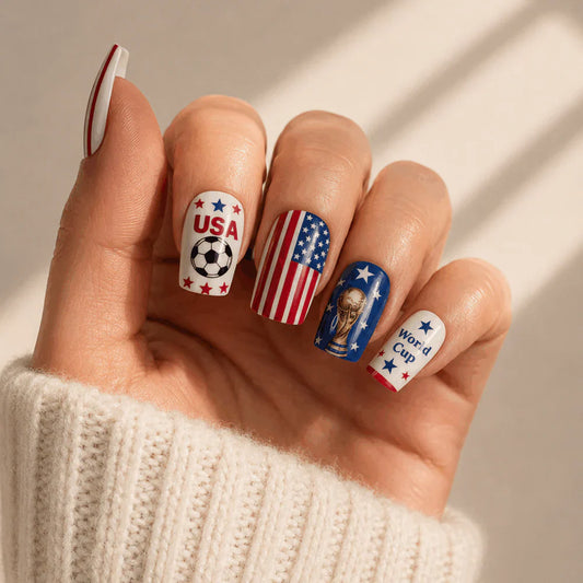 USA World Cup press-on nails soccer fan patriotic square nail design