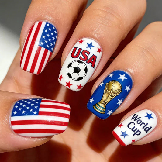 USA World Cup Nail Ideas: Patriotic Square Press-On Nails for Football Fans
