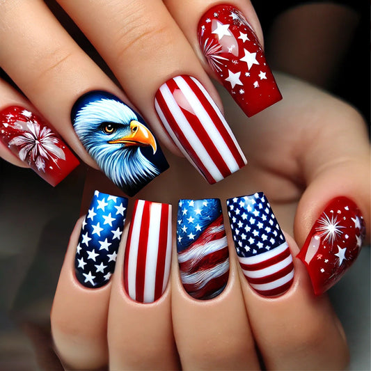 Patriotic American flag eagle fireworks square press-on nails