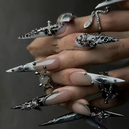 Gothic Chrome Nail Trend: Black Stiletto Press-On Nails for Dark Aesthetic Fashion