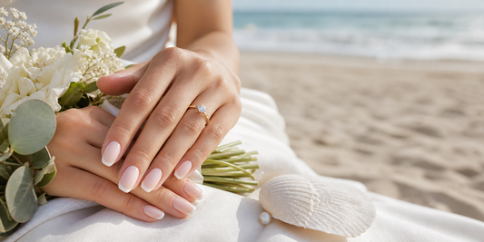 Nude French press-on nails for a beach wedding bridal manicure