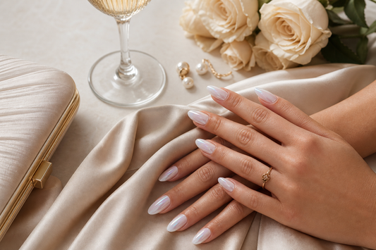 Milky white glazed almond press-on nails styled with a beige wedding guest dress