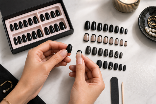Black press-on nails with glossy black French and rhinestone styles