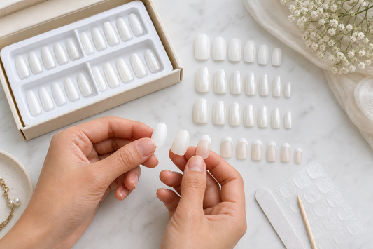 White press-on nails with milky white and French tip styles