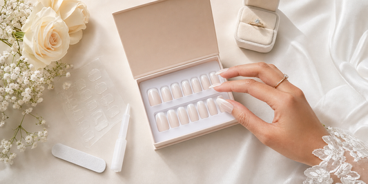 Bridal press-on nail kit with French nails, adhesive tabs and nail glue