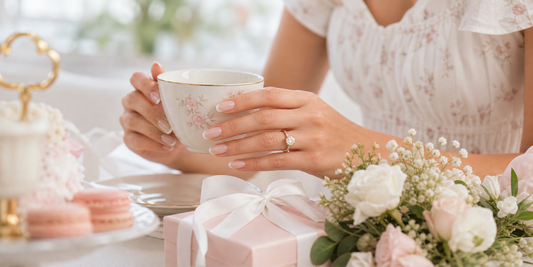 Nude French press-on nails holding a teacup at a bridal shower