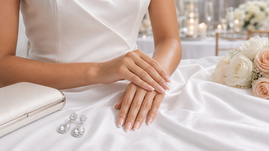 Warm nude French almond press-on nails styled with a bright white wedding guest dress
