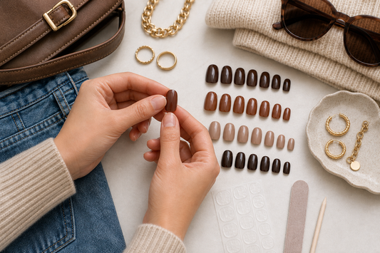 Brown press-on nails styled with denim knitwear and gold accessories