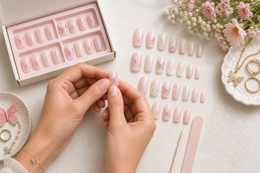 Butterfly press-on nails with soft pink French and rhinestone accent styles