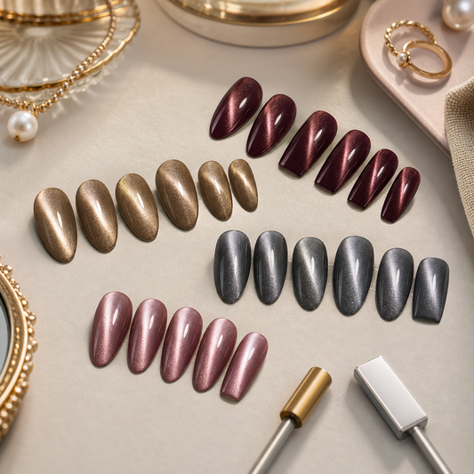Cat-eye press-on nails with burgundy gold silver and rose magnetic shimmer styles