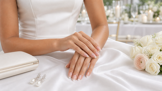 Warm nude French almond press-on nails styled with a clean white wedding guest dress