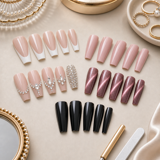 Coffin press-on nails with nude French pink rhinestone black and cat-eye styles