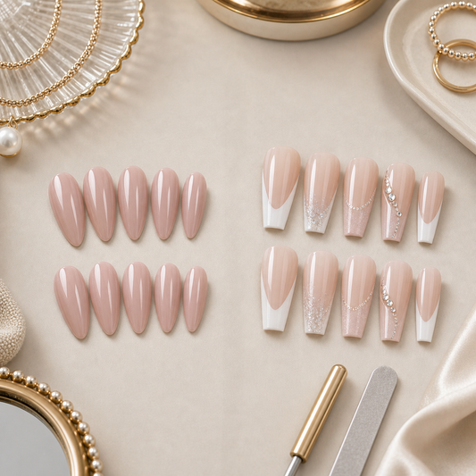 Coffin vs almond press-on nails comparison with nude almond and French coffin styles