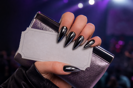 Black chrome stiletto press-on nails holding a blank concert ticket and metallic clutch