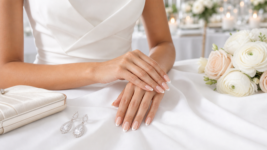Warm nude French almond press-on nails styled with a crisp white wedding guest dress