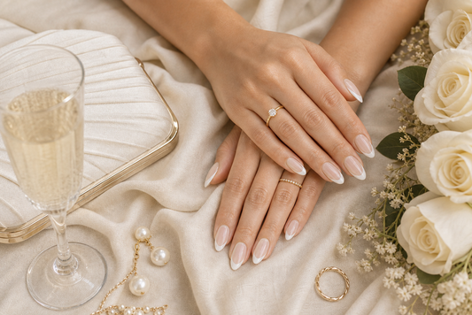 Nude French almond press-on nails styled with an ecru wedding guest dress