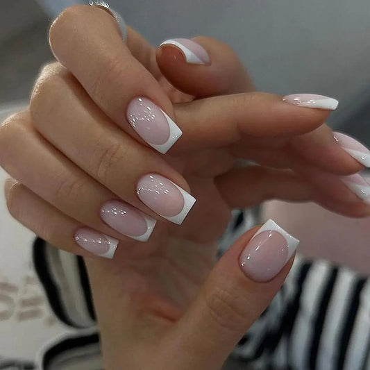 Short square press-on nails in nude French style for everyday wear