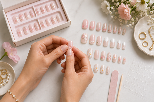 Floral press-on nails with soft pink flower French and daisy accent styles