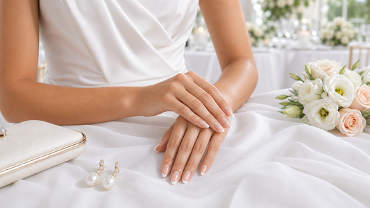 Warm nude French almond press-on nails styled with a fresh white wedding guest dress