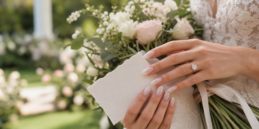 Soft glazed press-on nails for a garden wedding bridal manicure