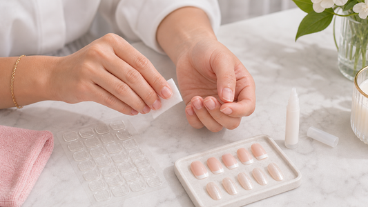 Safe nail prep with nail glue and reusable press-on nails on a clean vanity