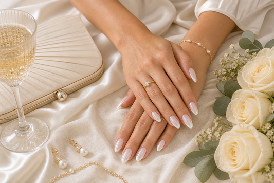 Milky nude French almond press-on nails styled with an off-white wedding guest dress