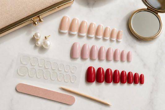One-day event press-on nails laid out with outfit accessories before a party