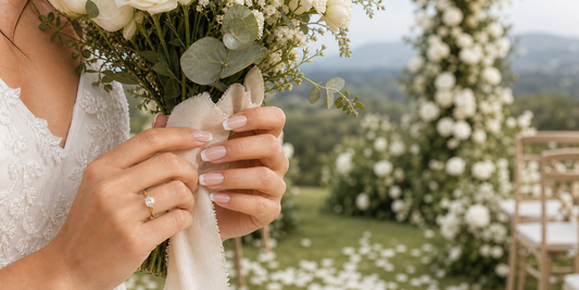 French press-on nails holding a bouquet at an outdoor wedding ceremony