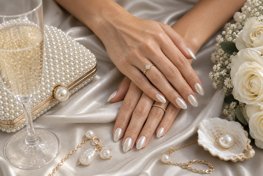 Pearl-glazed almond press-on nails styled with an oyster wedding guest dress