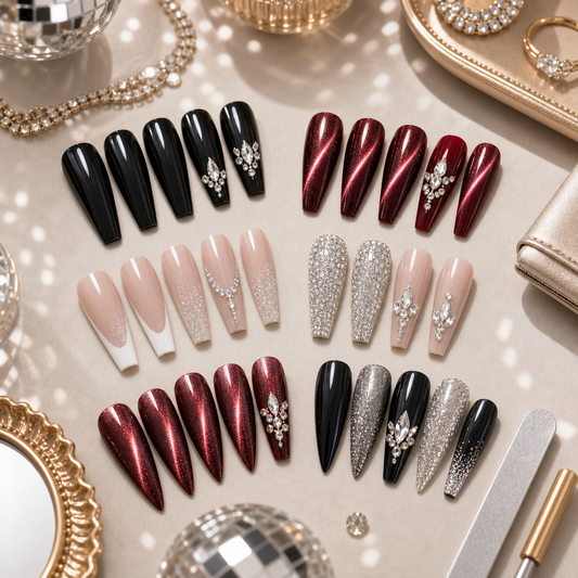 Party press-on nails with black red rhinestone glitter cat-eye and French styles