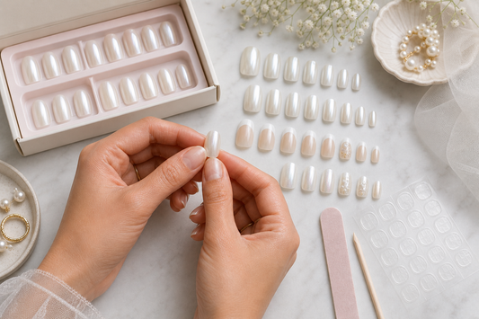 Pearl press-on nails with glazed white French and bridal accent styles
