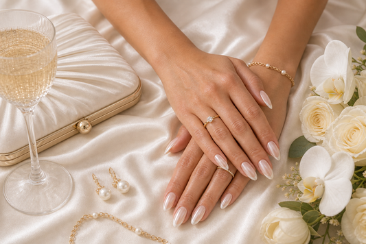 Pearl glazed almond press-on nails styled with a pearl white wedding guest dress