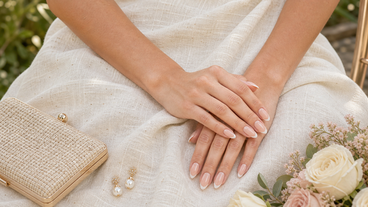 Warm nude French almond press-on nails styled with a raw white wedding guest dress