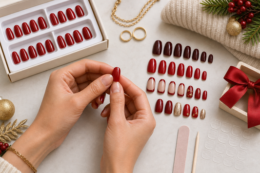 Red press-on nails for holiday outfits with glossy red French and gold accent styles